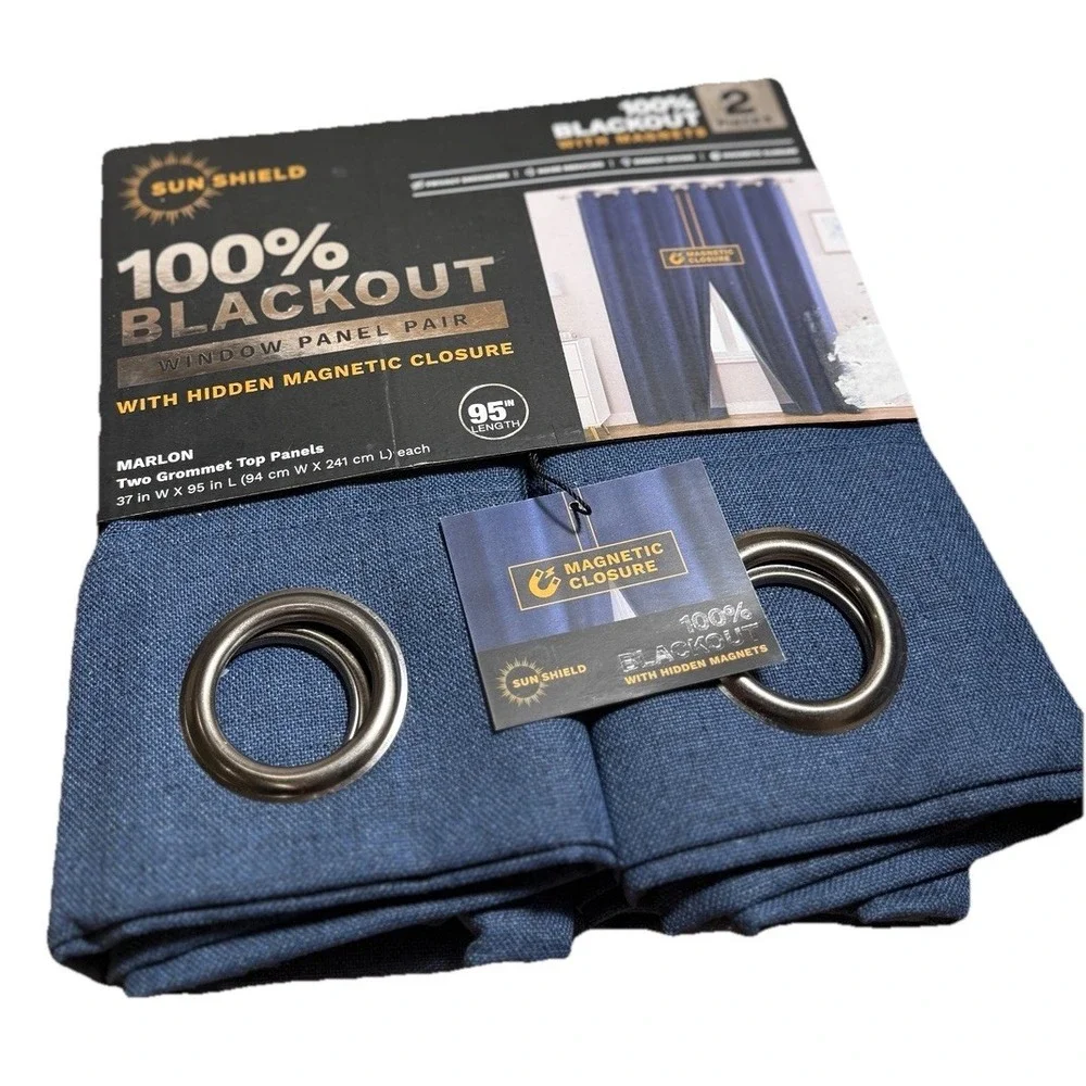 Blackout Window Curtains Pair With Hidden Magnetic Closure Navy